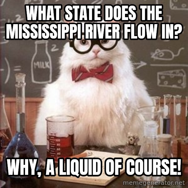 Chemistry Cat meme: what state does the mississippi river flow in? / why, a liquid of course!