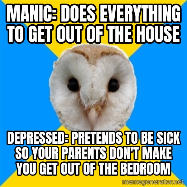 Bipolar Owl meme: Manic: does everything to get out of the house / depressed: pretends to be sick so your parents don't make you get out of the bedroom