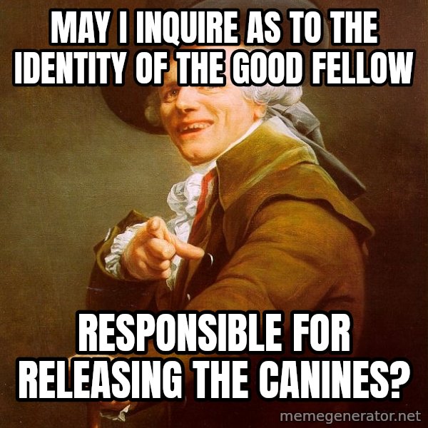 Joseph Ducreux meme: May I inquire as to the identity of the good fellow / responsible for releasing the canines?