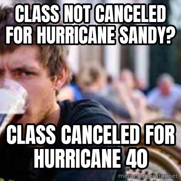 The Lazy College Senior meme: class not canceled for Hurricane Sandy? / Class CANCELED for hurricane 40