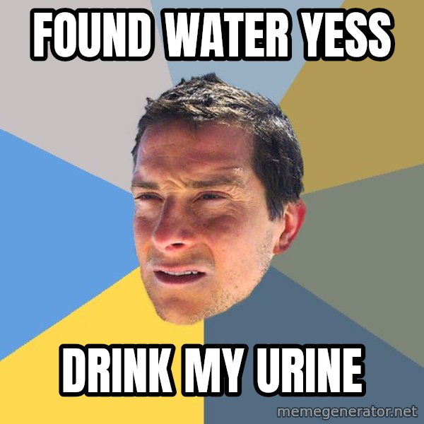 Bear Grylls meme: found water yess / drink my urine
