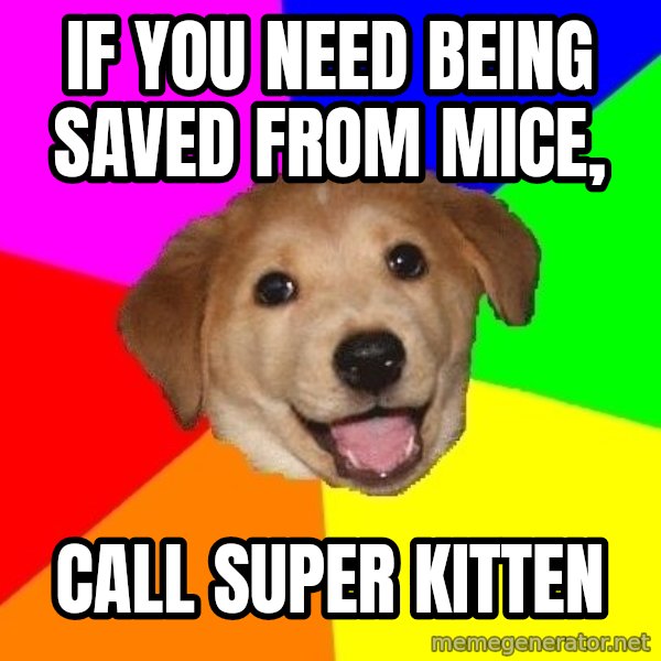 Advice Dog meme: if you  need being saved from mice, / call  super kitten