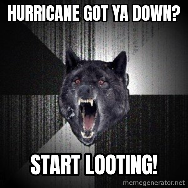 Insanity Wolf meme: Hurricane got ya down? / start looting!