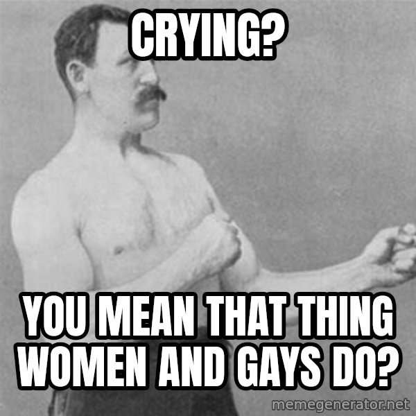 overly manlyman meme: Crying? / you mean that thing women and gays do?