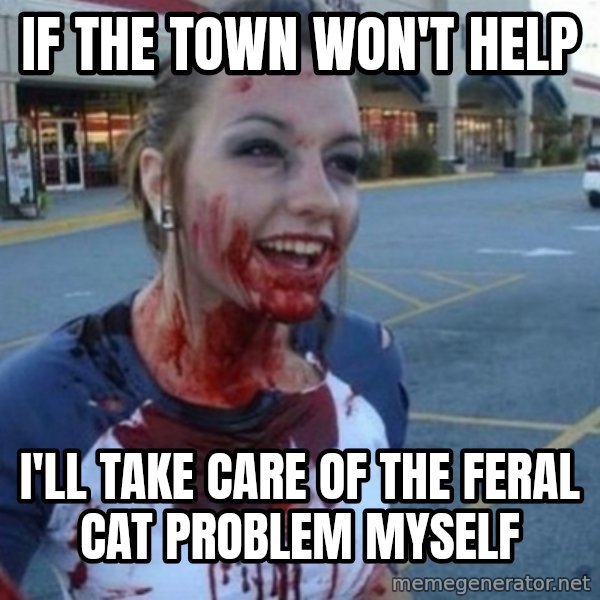 Scary Nympho meme: If the Town won'T Help / I'll take care of the feral cat problem myself