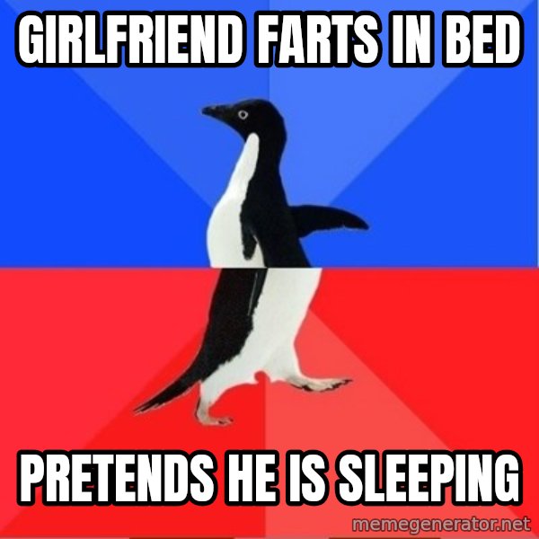 Socially Awkward to Awesome Penguin meme: Girlfriend farts in bed / pretends he is sleeping