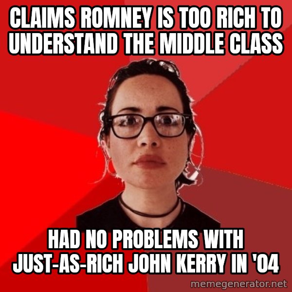 Liberal Douche Garofalo meme: Claims Romney is too rich to understand the middle class / hAD NO PROBLEMS WITH JUST-AS-RICH jOHN kERRY IN '04