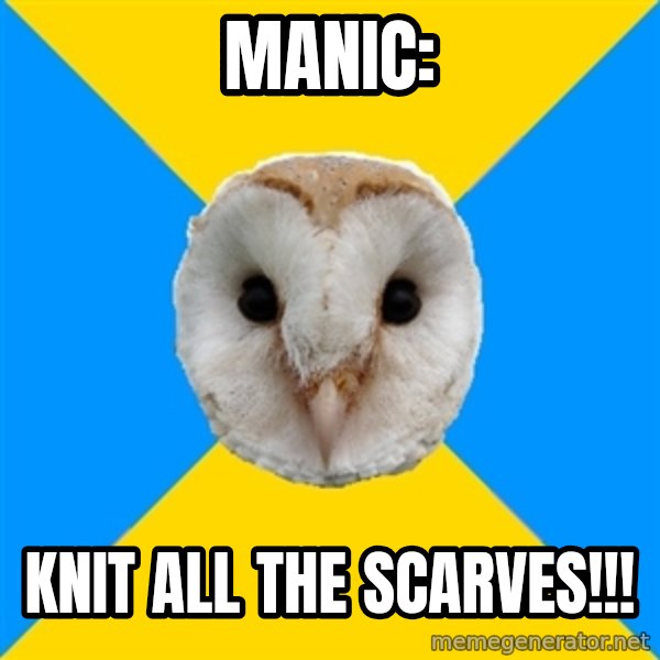 Bipolar Owl meme: Manic: / Knit ALL the scarves!!!