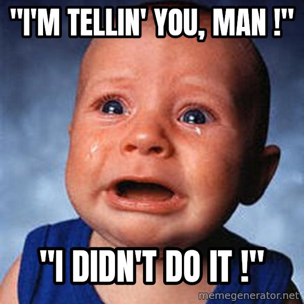 Crying Baby meme: "i'm tellin' you, man !" / "I didn't do it !"