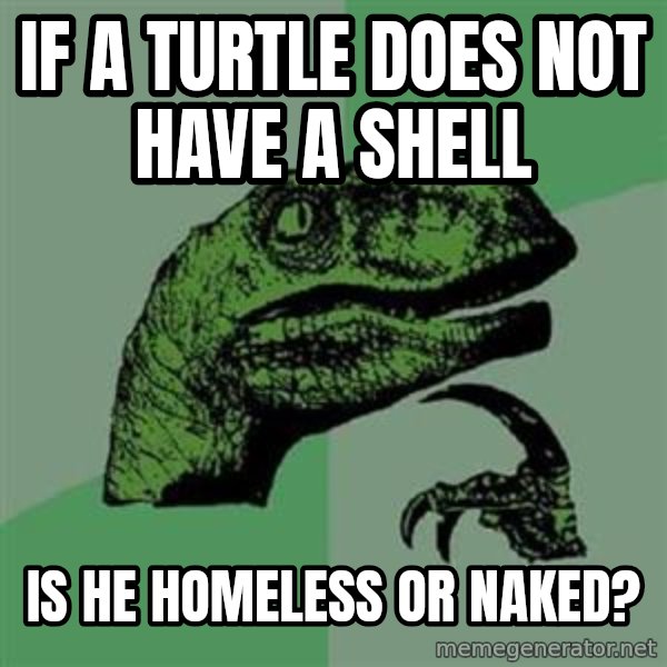Philosoraptor meme: If a turtle does not have a shell / IS HE HOMELESS OR NAKED?