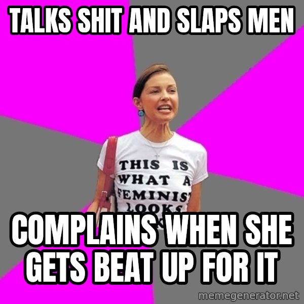 Feminist Cunt meme: Talks shit and slaps men / complains when she gets beat up for it