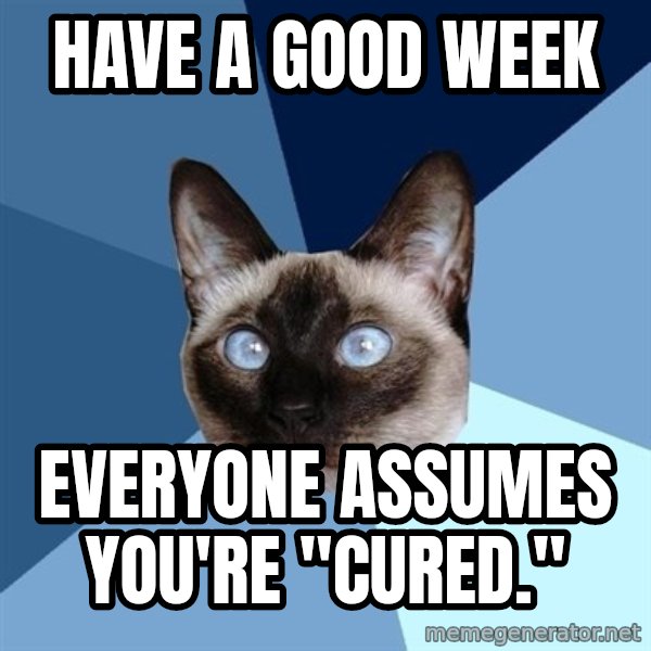 Chronic Illness Cat meme: Have a good week / everyone assumes you're "cured."