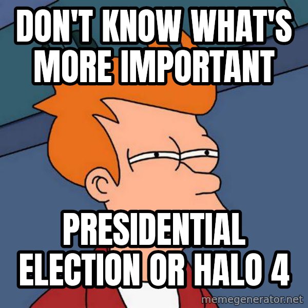 Futurama Fry meme: Don't Know what's more important / PRESIDENTIAL Election or halo 4