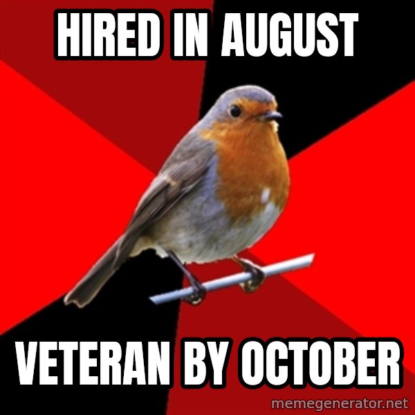 Retail Robin meme: HIRED IN AUGUST / VETERAN BY OCTOBER