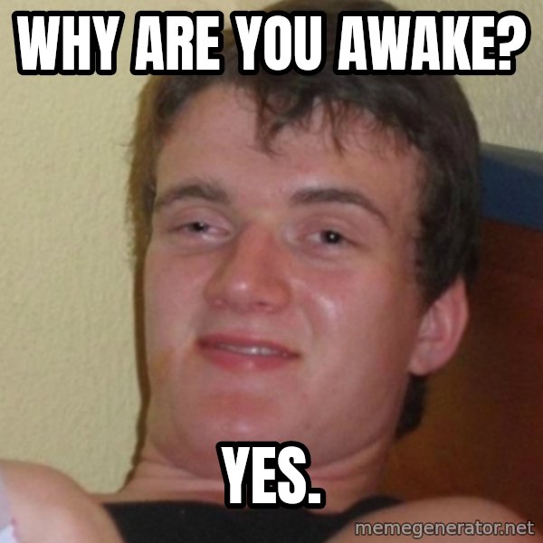 Stoner Stanley meme: Why are you awake? / Yes.