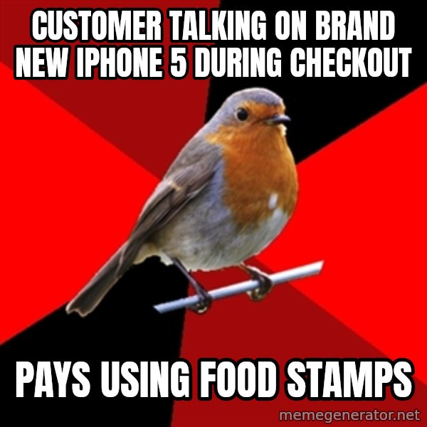 Retail Robin meme: Customer talking on brand new iphone 5 during checkout / pays using food stamps
