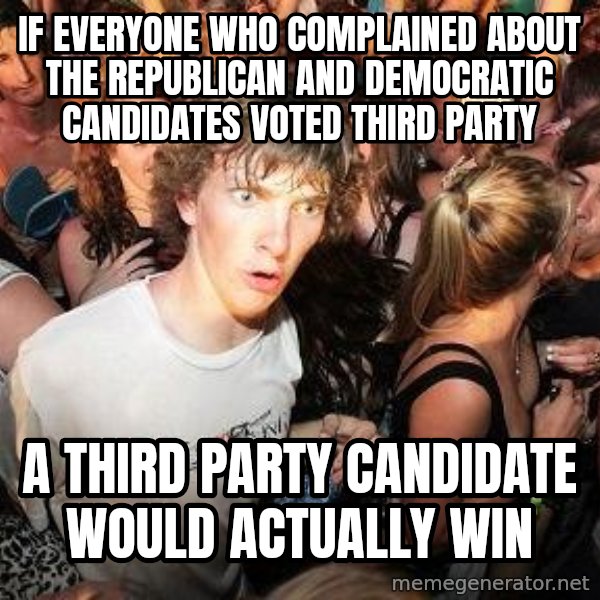 Sudden Realization Ralph meme: If everyone who complained about the republican and democratic candidates voted third party / A third party candidate would actually WIN