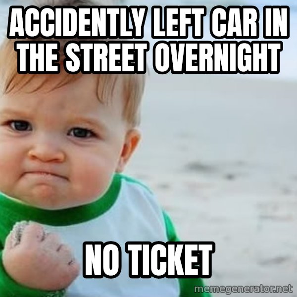 Success Kid meme: accidently left car in the street overnight / no ticket