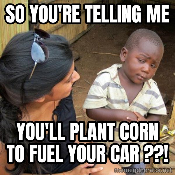 skeptical black kid meme: SO you're telling me / you'll plant corn to fuel your car ??!