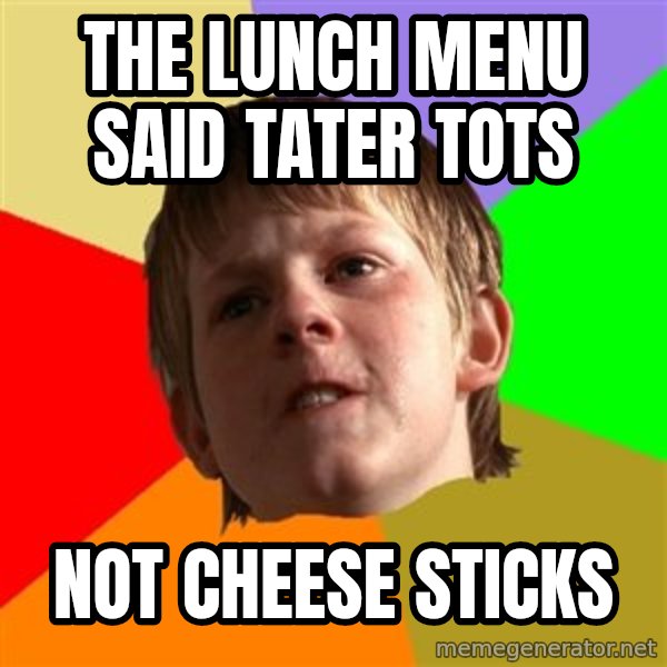 Angry School Boy meme: the lunch menu said tater tots / not cheese sticks