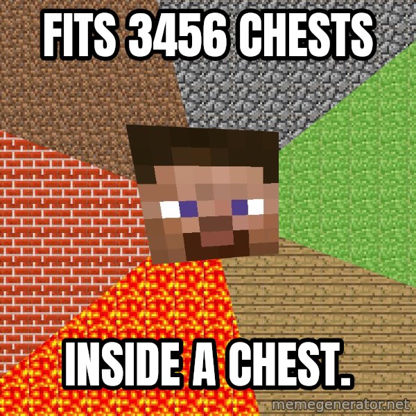 Minecraft Guy meme: Fits 3456 chests / inside a chest.