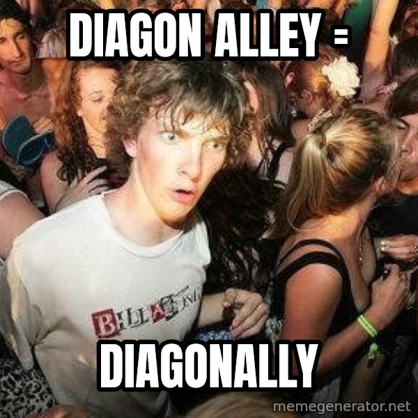 -Sudden Clarity Clarence meme: Diagon alley = / Diagonally