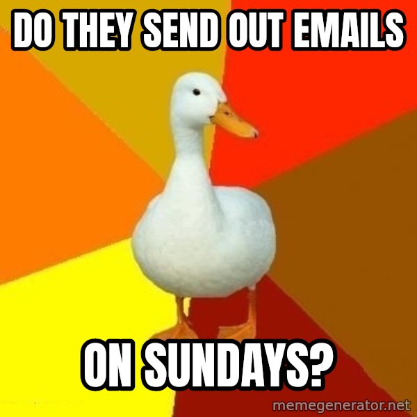 Technologically Impaired Duck meme: Do they send out emails / on sundays?