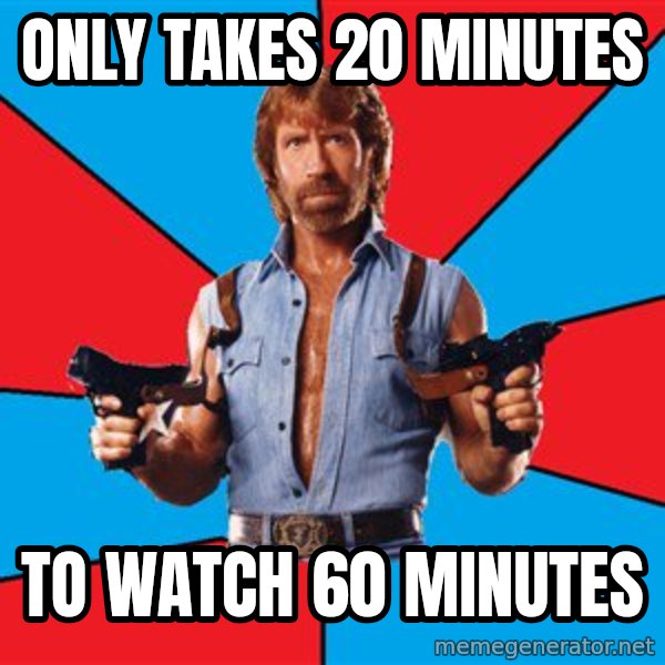 Chuck Norris  meme: Only takes 20 minutes / To watch 60 minutes