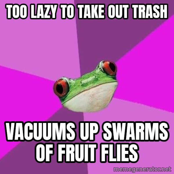 Foul Bachelorette Frog meme: too lazy to take out trash / vacuums up swarms of fruit flies