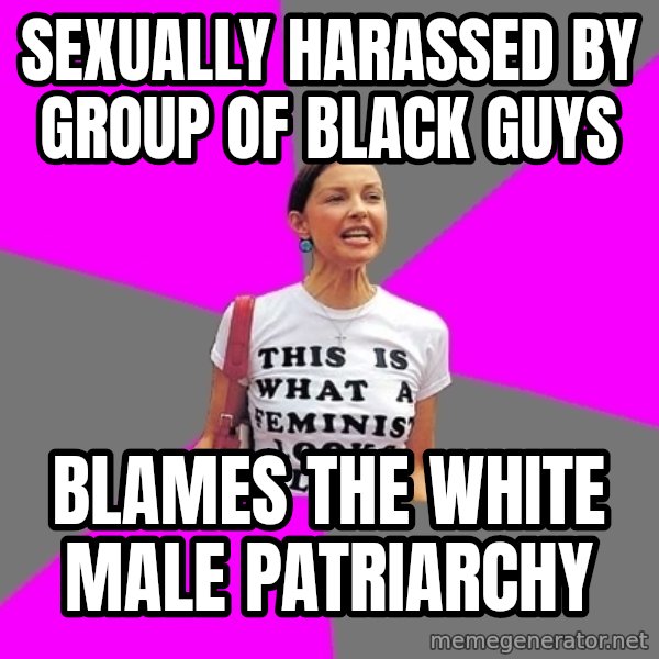 Feminist Cunt meme: Sexually harassed by group of black guys / blames the white male patriarchy