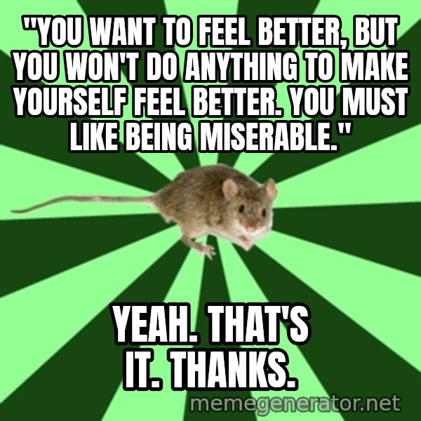 Mental Illness Mouse meme: "You want to feel better, but you won't do anything to make yourself feel better. You must like being miserable." / Yeah. That's It. Thanks.