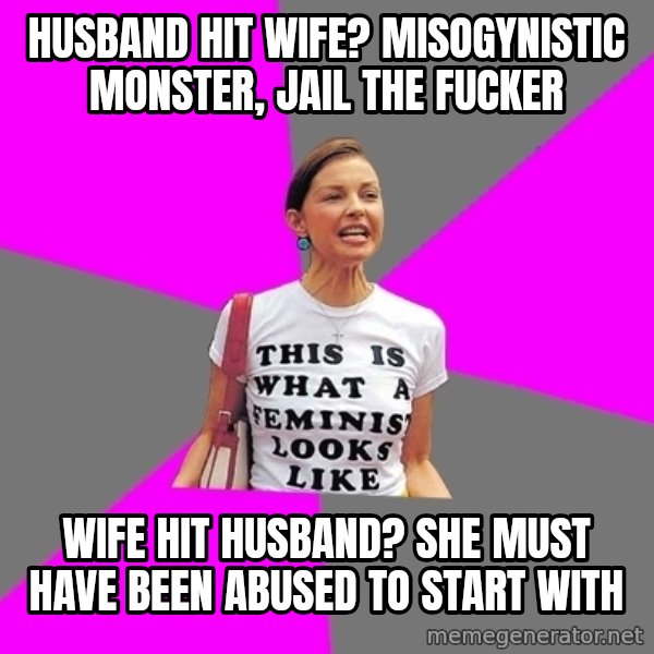 Feminist Cunt meme: husband hit wife? misogynistic monster, jail the fucker / Wife hit husband? She must have been abused to start with