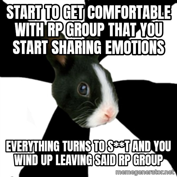 Roleplaying Rabbit meme: Start to get comfortable with rp group that you start sharing emotions / everything turns to s**t and you wind up leaving said rp group