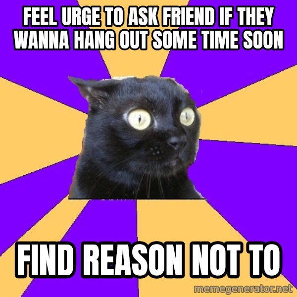 Anxiety Cat meme: feel urge to ask friend if they wanna hang out some time soon / find reason not to