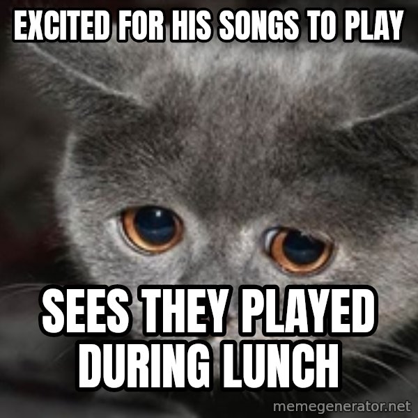 Sadcat meme: Excited for his songs to play / sees they played during lunch