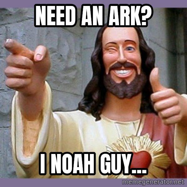 buddy jesus meme: NEED AN ARK? / I NOAH GUY...
