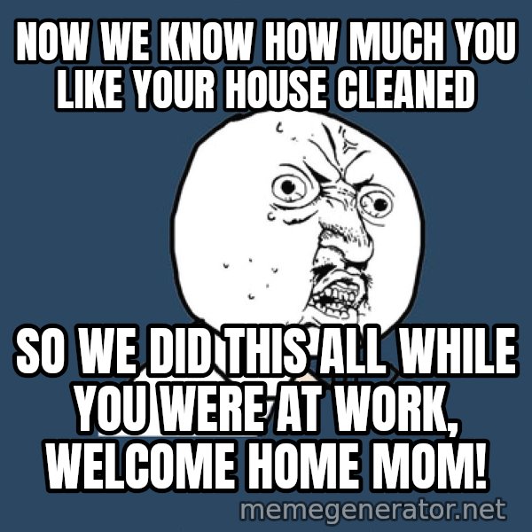 Ty Pennington meme: Now we know how much you like your house cleaned / so we did this all while you were at work, welcome home mom!