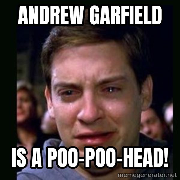 crying peter parker meme: andrew garfield / is a poo-poo-head!