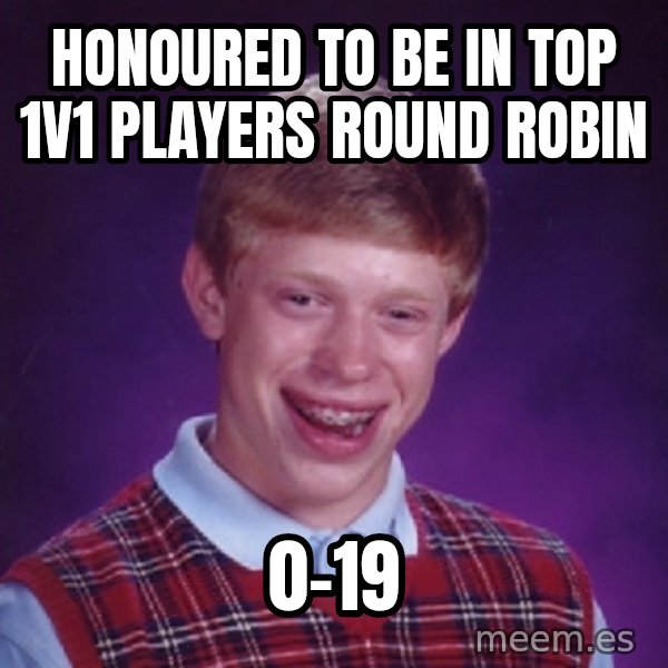Bad Luck Brian Meme meme: honoured to be in top 1v1 players round robin / 0-19