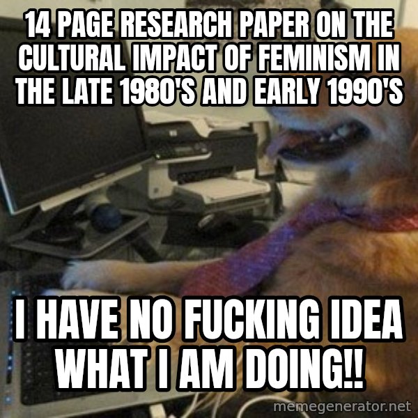 I have no idea what I'm doing - Dog with Tie meme: 14 page research paper on the cultural impact of feminism in the late 1980's and early 1990's / i have no fucking idea what i am doing!!
