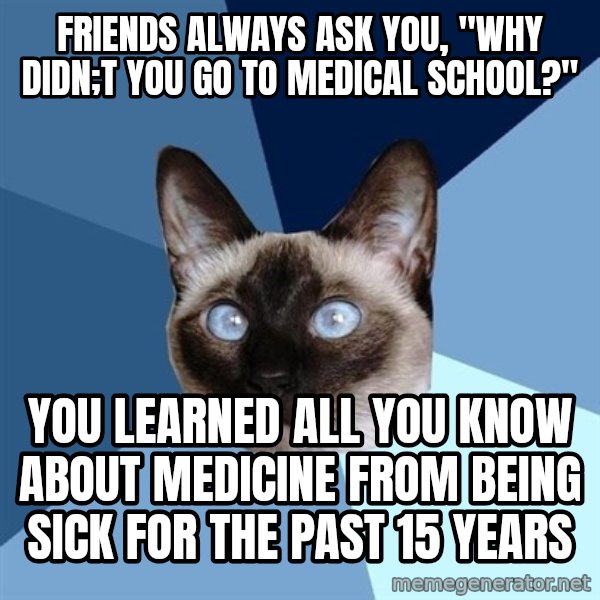 Chronic Illness Cat meme: Friends always ask you, "Why didn;t you go to Medical School?" / You learned all you know about medicine from being sick for the past 15 years