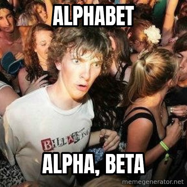 -Sudden Clarity Clarence meme: Alphabet / alpha, beta