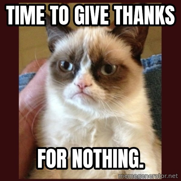 Grumpy Cat  meme: Time to give thanks / for nothing.