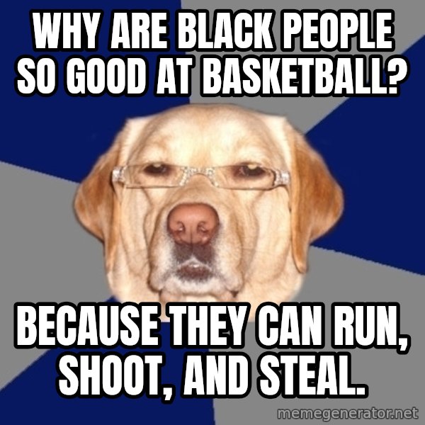 Racist Dog meme: WHY ARE BLACK PEOPLE SO GOOD AT BASKETBALL? / Because they can run, shoot, and steal.