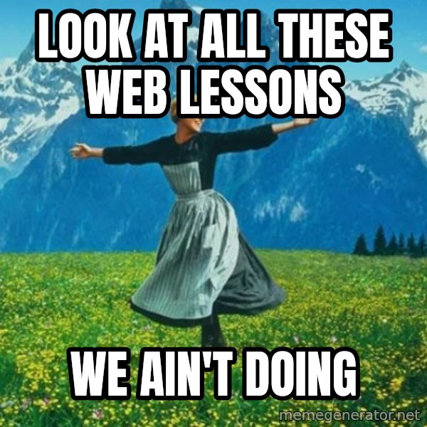 Look at All the Fucks I Give meme: Look at all these web lessons / we ain't doing