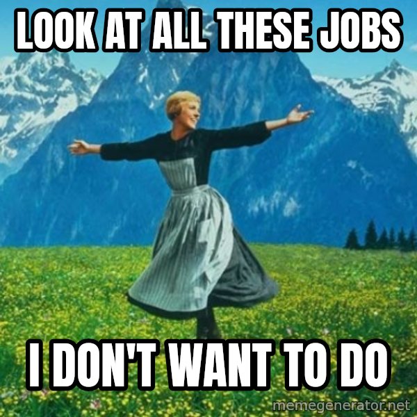 Look at All the Fucks I Give meme: Look at all these jobs / I don't want to do