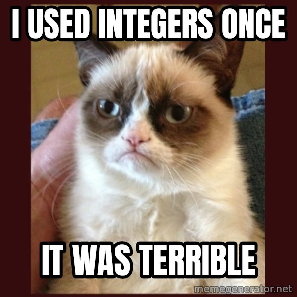 Grumpy Cat  meme: i used integers once / it was terrible