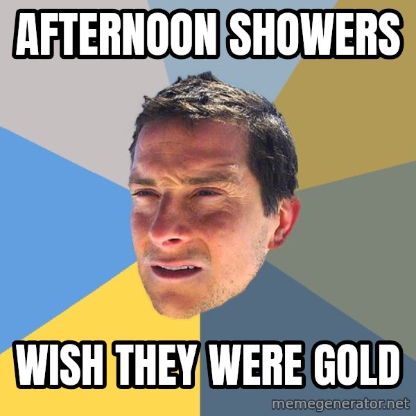 Bear Grylls meme: afternoon showers / wish they were gold