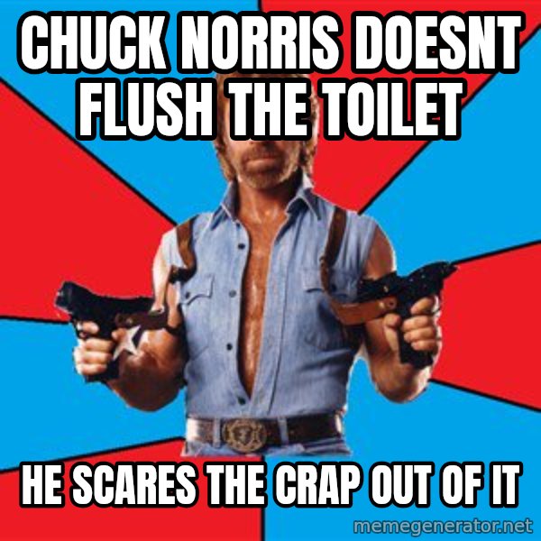 Chuck Norris  meme: chuck norris doesnt flush the toilet / he scares the crap out of it