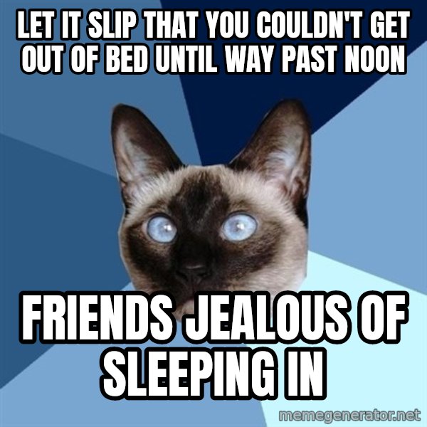 Chronic Illness Cat meme: Let it slip that you couldn't get out of bed until way past noon / Friends jealous of sleeping in